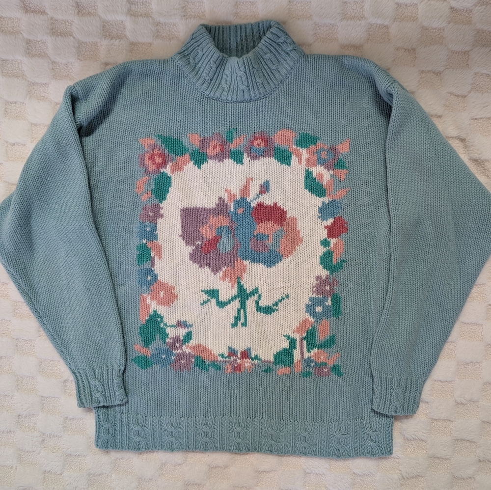 Vintage Avocado Floral Knit Women's Sweater - Light Blue